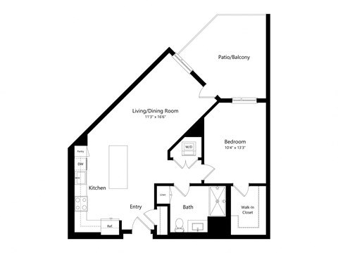 Floor plan for 1 bed, 1 bath, 760 sqft